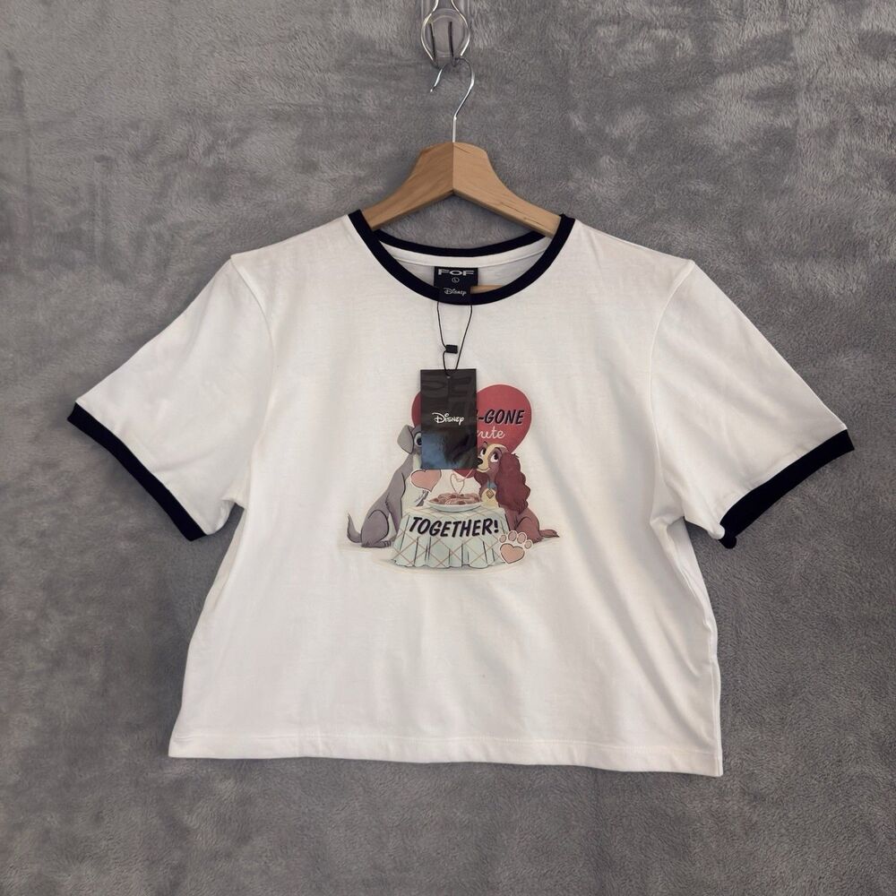 Disney Lady and the Tramp T Shirt Womens Large White Black Rib Trim NWT